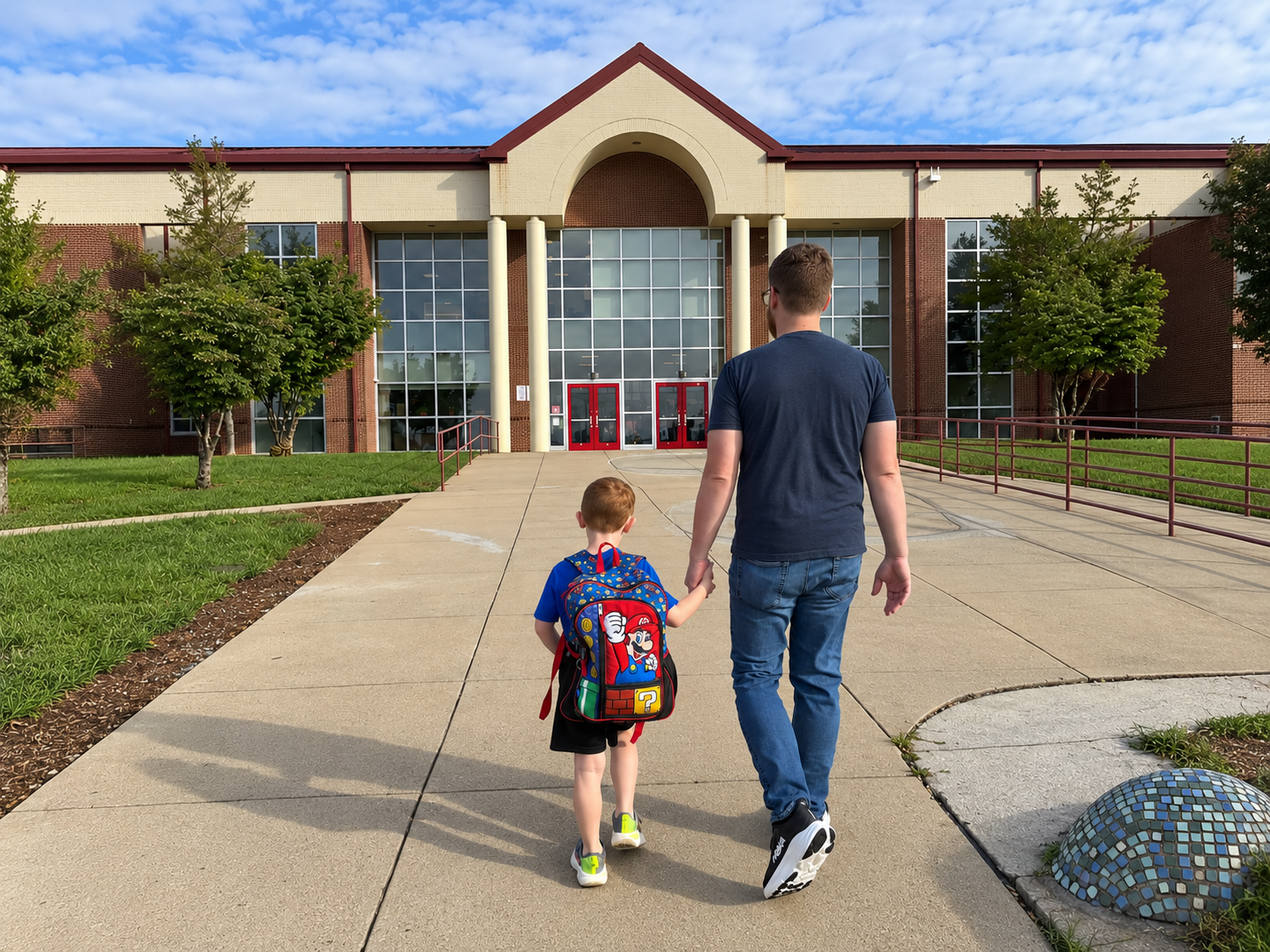 Ryan Berkley walking his child into a Johnson City school.